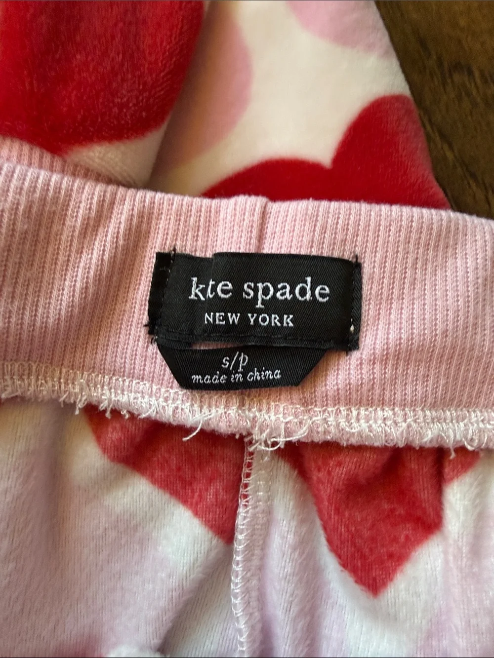 Kate Spade Pink & Red Heart Print Velour Pajama Set, size small